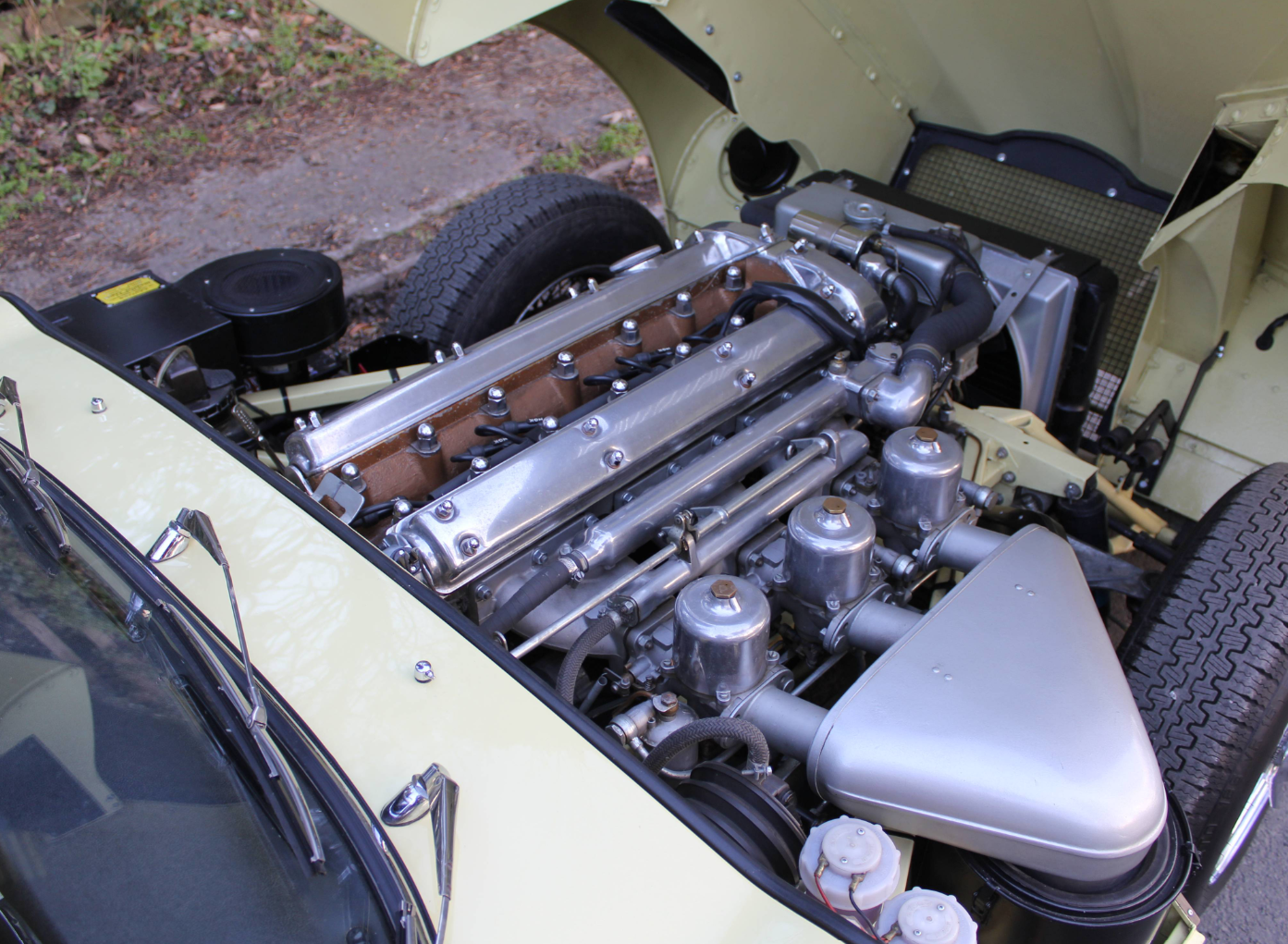 The 3.8-litre XK straight six in the engine bay of a Primrose E-Type, with triple SU carburettors and polished cam covers